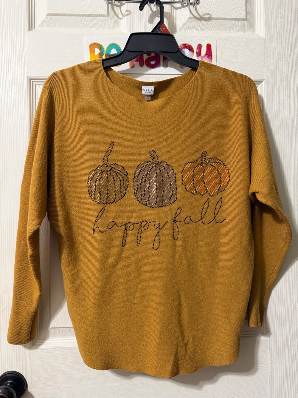 VILA Mustard Yellow Crewneck Sweater with Pumpkin Motif